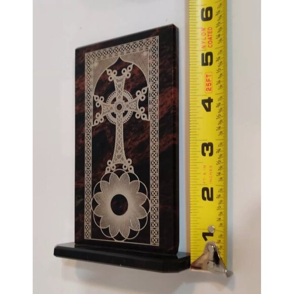 Celtic Cross Silver Print on Glass 6" Stand Mahogany Obsidian ? Alter Safe Space - Picture 11 of 13